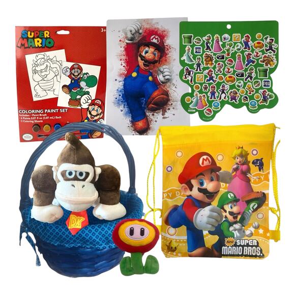 Super Mario Gift Basket | Donkey Kong Plush, Paint Kit, Stickers, Bag & More - Picture 1 of 9